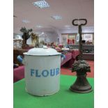 An Enamelled Flour Bin, with lid, wheatsheaf door-stop.