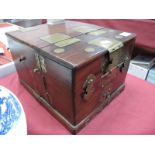 A Chinese Hardwood Travelling Vanity Box, with brass mounts, hinges and handles, interior drawers