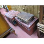 Two Early XX Century Painted Tin Trunks, and an early XX Century leather attache case. (3)