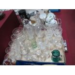 Decanters, drinking glasses, mottled jug, other glassware:- One Tray