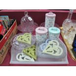 Glass Cake Stands, cheese dome, 'Sugar' tins, dishes, etc.