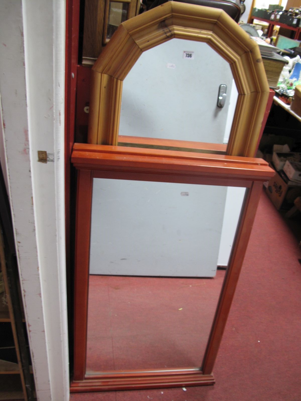 A Pair of Rectangular Wall Mirrors, in teak effect frames, another in pine. (3)