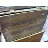 A Large XIX Century Pine Crate 'Pursers, Southport', 50 x 72cm, birds feeding vessel as a