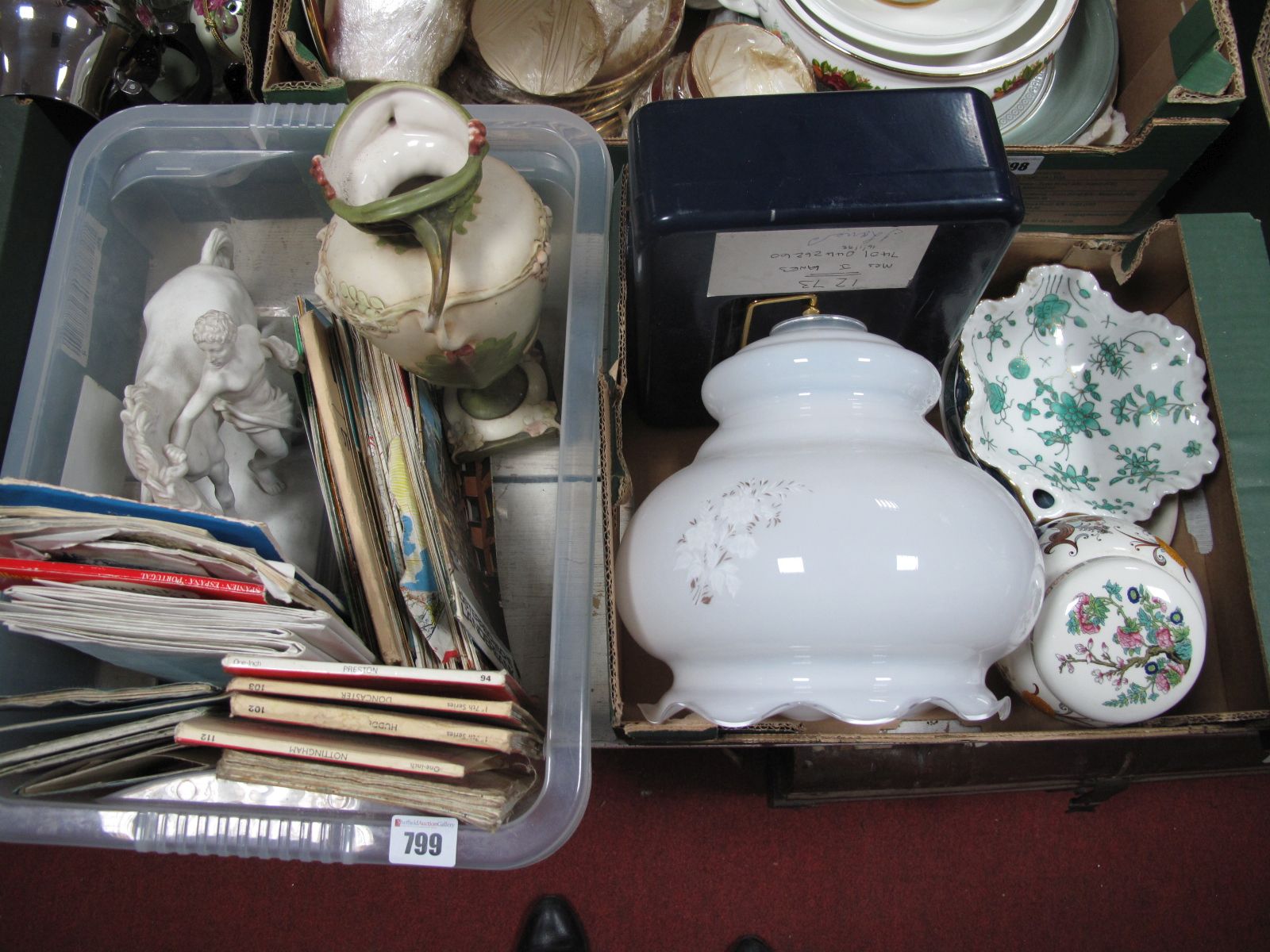 A Portuguese Bisque Equestrian Figure Group, Royal Dux vase (repaired) and a quantity of maps.