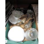 A Box of Light Fittings, including a white opaline glass bathroom lamp, a three branch brass ceiling