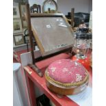 An Early XX Century Mahogany Swing Mirror, XIX Century walnut circular footstool. (2)