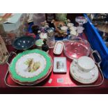 A Dartington Glass Decanter, hand-painted cabinet plates, Limoges, Cauldon and other ceramics:-