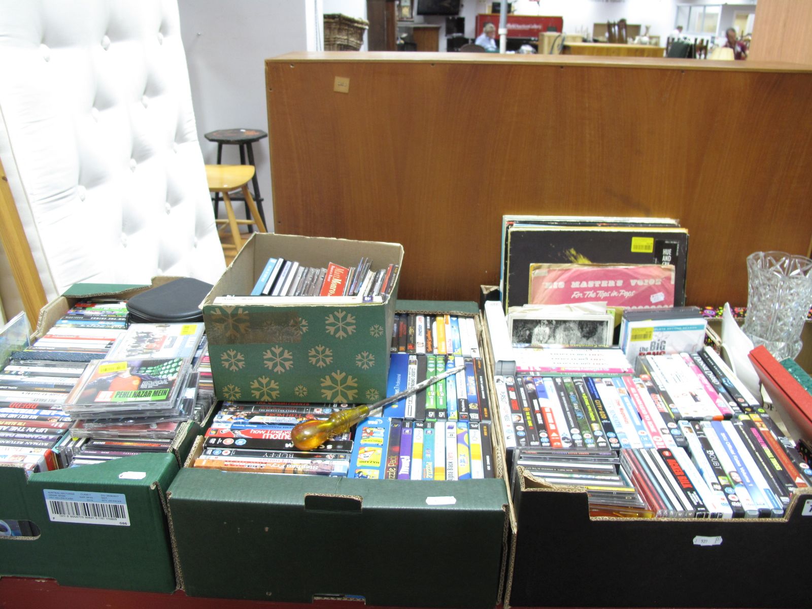 A Quantity of DVD's, CD's (many modern titles noted) LP's, 45RPM's, etc:- Three Boxes