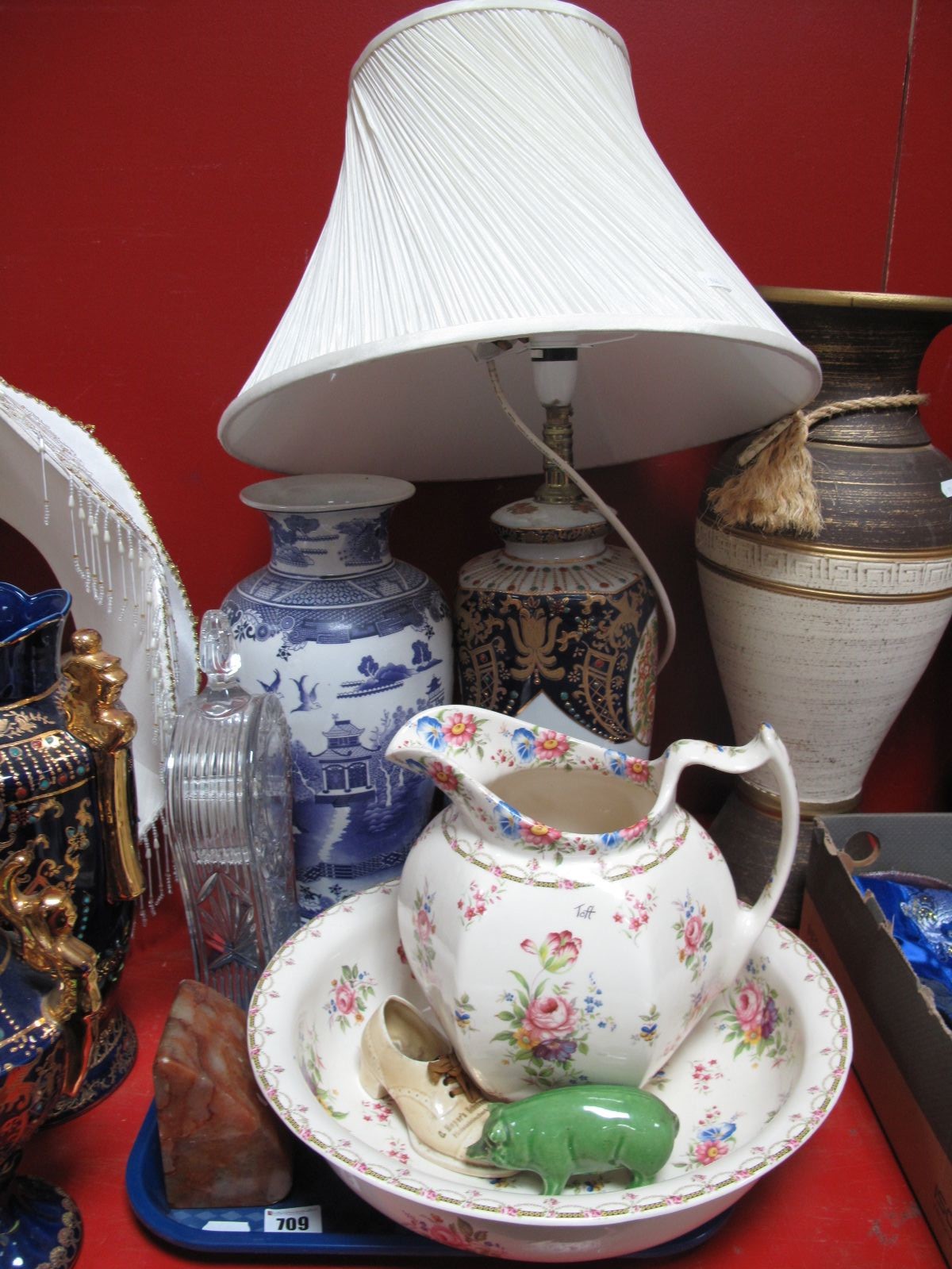 A Modern Pottery Toilet Jug and Bowl, Willow pattern ovoid vase, lead crystal mantel clock,