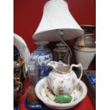 A Modern Pottery Toilet Jug and Bowl, Willow pattern ovoid vase, lead crystal mantel clock,