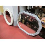 A Circular Wall Mirror, in cream frame, twelve sided bevelled mirror in silvered frame. (2)