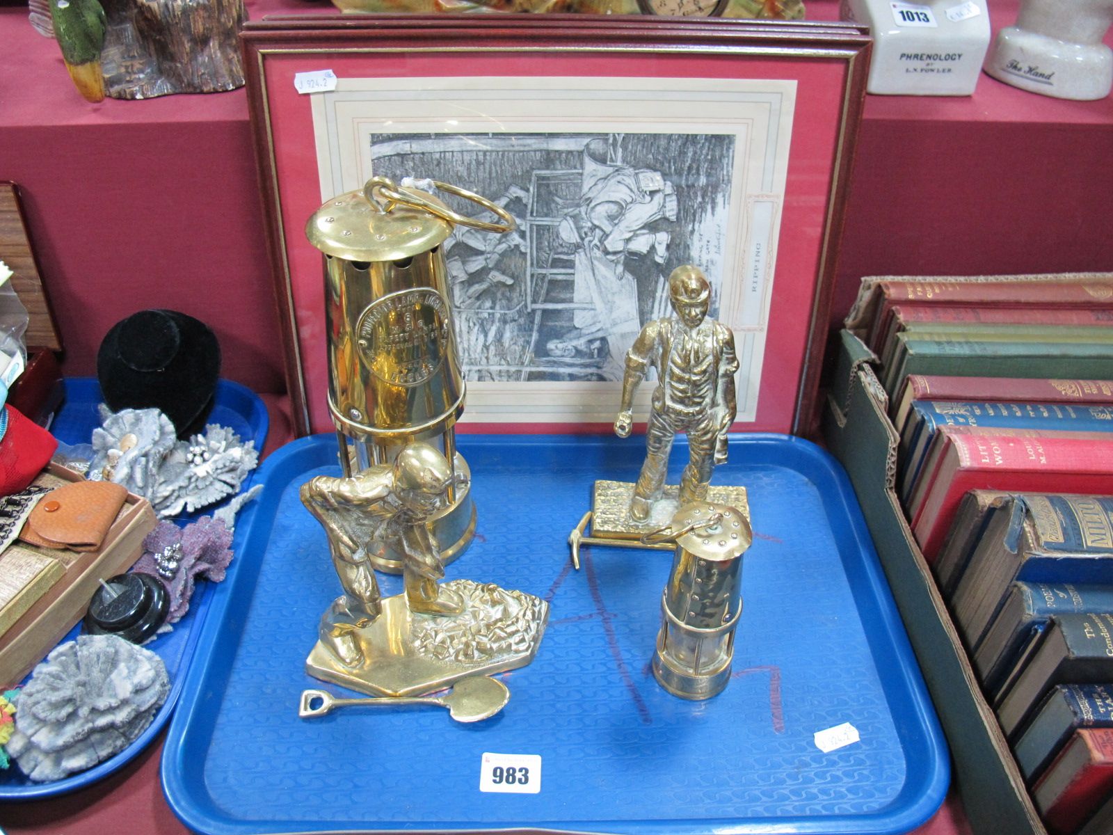 Eccles Brass Protector Safety Lamp, a miniature brass miners lamp, two brass figures of miners,