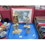 Eccles Brass Protector Safety Lamp, a miniature brass miners lamp, two brass figures of miners,