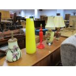 Three Table Lamps, all with floral decoration; together with a yellow glass vase and a red table