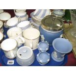 A Wedgwood Jasper Biscuit Barrel, commemorative mugs, Staffordshire 'Cameo' teaware:- One Tray