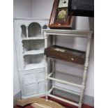 A Grey Painted Four Tier Glass Shelf Unit; a similar painted corner cabinet. (2)