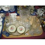 Dressing Table Trinkets, white jug, sugar castor, other glassware:- One Tray