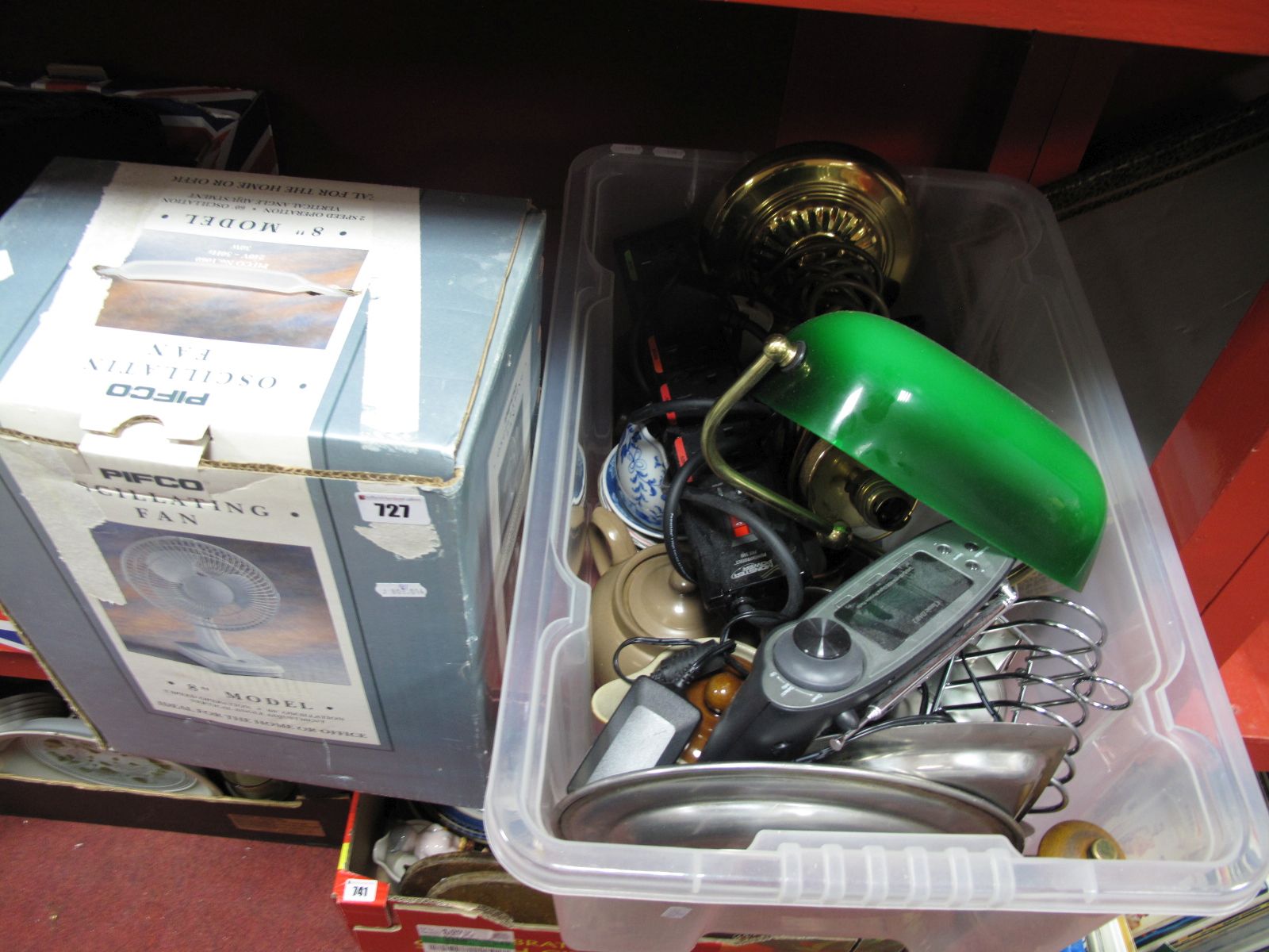 A Bankers Reading Lamp, kitchenware, etc:- One Box, together with a Pifco fan, (untested, sold for