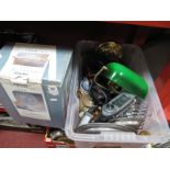 A Bankers Reading Lamp, kitchenware, etc:- One Box, together with a Pifco fan, (untested, sold for