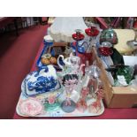 A Hand Blown Ruby Glass Metal Mounted Candelabra, Viner's plated coffee pot, blue and white