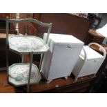 A White Painted Wicker Linen Box, stool and folding cake stand. (3)