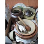 A Salt Glaze Jar, sycamore bowl, punch, stoneware jelly mould, kitchenalia:- One Box