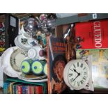 A Mantel Clock, carved wooden animals, board game, tea and dinnerwares, storage jars, etc:- Two