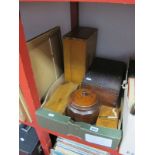 An Oak Tea Caddy, brass weights in box, smokers box, two wooden boxes.