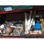 Tools, books in book stand, tins, theatre programmes, records, etc:- Two Boxes