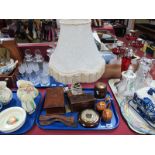 A Barleytwist Table Lamp, castanets, wooden boxes, etc:- One Tray