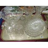 A Heavy Cut Glass Pedestal Bowl, vases, spill vases with silver rims, pickle jars, etc:- One Tray