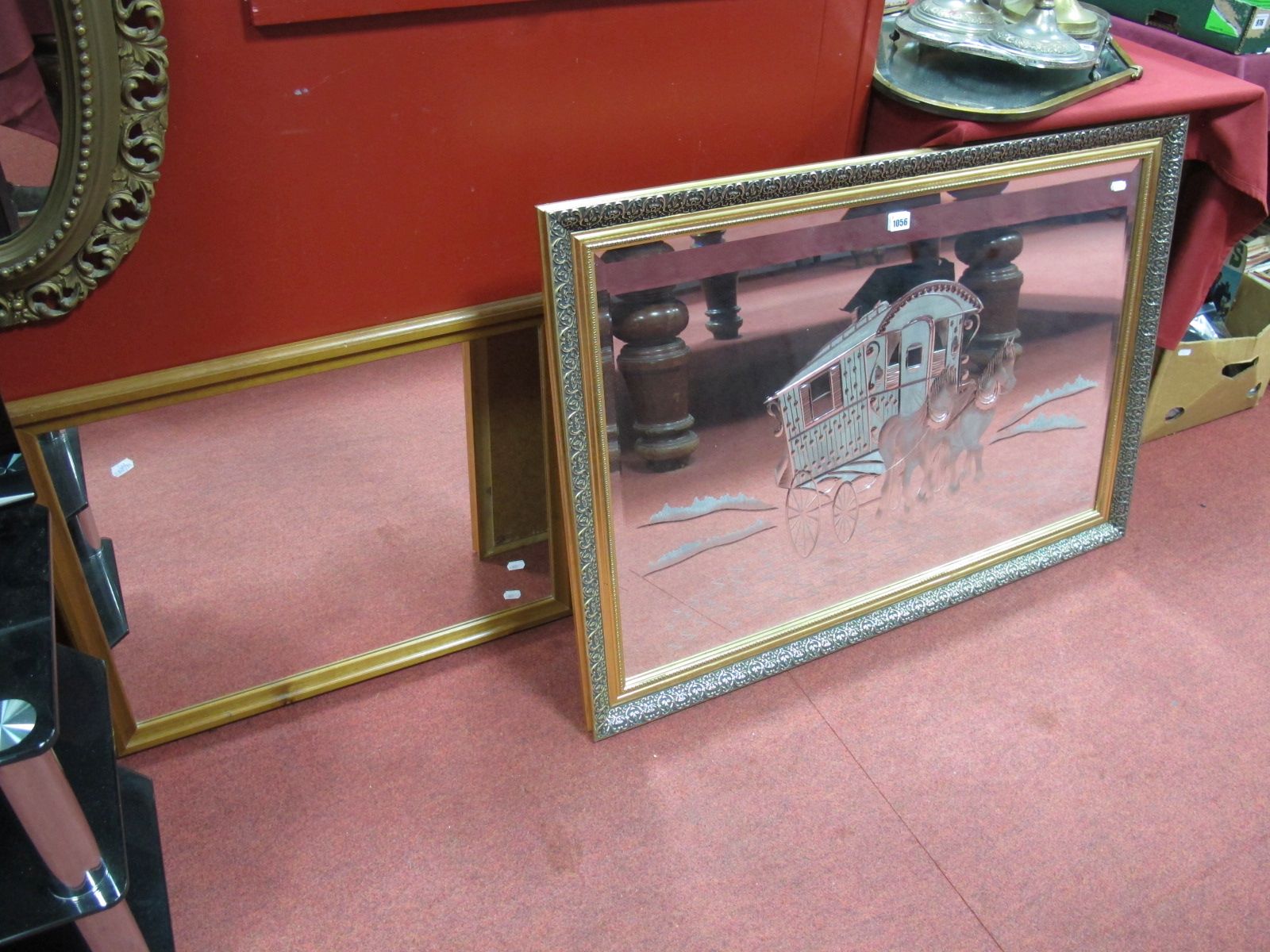 A Rectangular Bevelled Glass Wall Mirror, featuring gypsy caravan scene, small jewellery cabinet. (