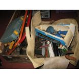 Saws, Footprint hand drill, other tools, in canvas bag and box.