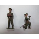 Two Mid XX Century Britains Peak Cap Khaki Officers with Binoculars, kneeling and standing, very