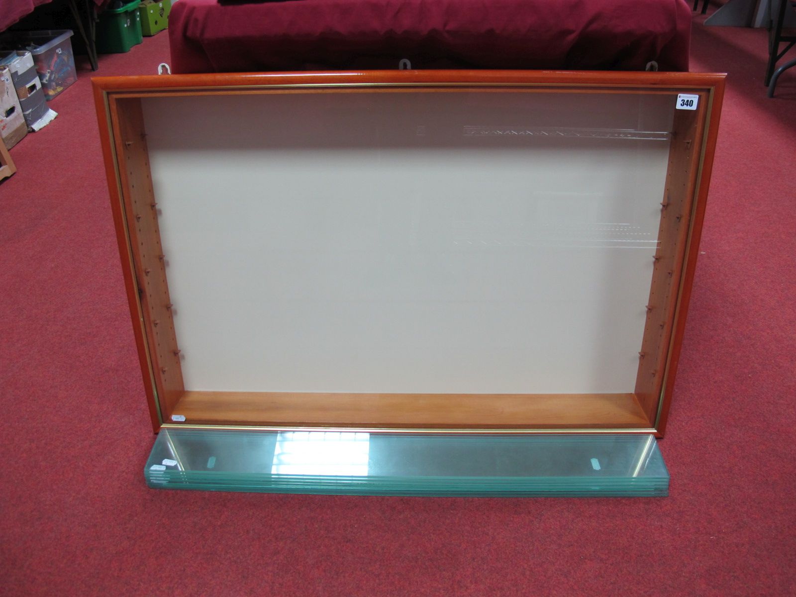 A Wooden and Glass Display Cabinet, 95cm wide, 64cm high, 12cm deep, seven glass shelves (