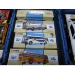 Four Boxed Corgi American Outline Diecast Buses, #98468 Champlain Yellow Coach 743, #98600 General