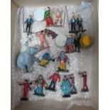Nineteen Mid XX Century Lead and Aluminium Circus Figures by Wendal, Timpo, Charbens and Other, good