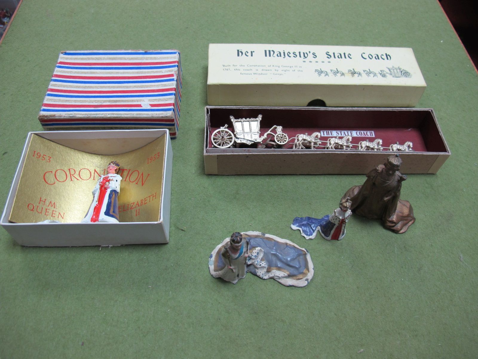 Britains and Crescent 1953 Coronation Lead Pieces, including small State Coach, boxed, four versions