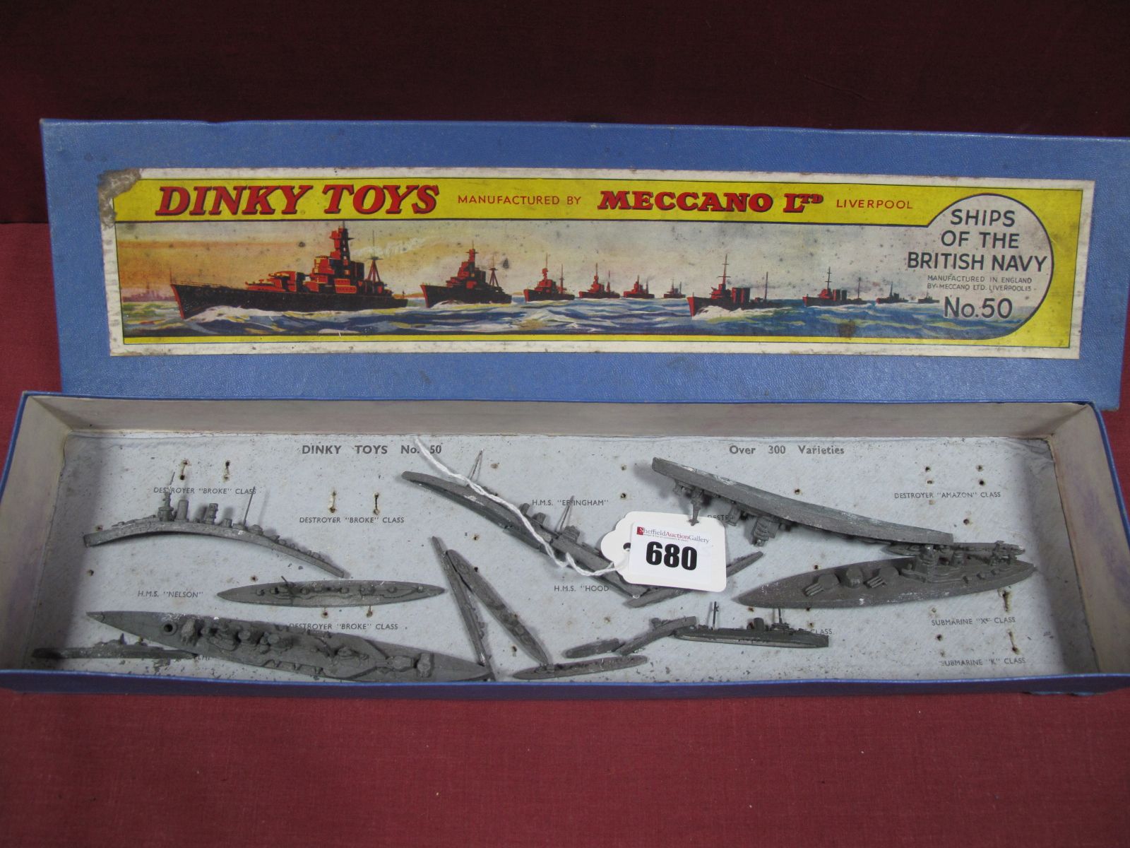 Pre-War Dinky Set No. 50 Ships of The British Navy, contains fourteen ships all showing signs of