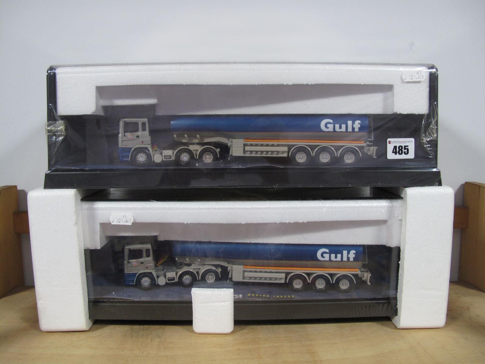 Two Perspex Cased Corgi Modern Trucks, 1:50th Scale Diecast #75101 E.R.F Tankers 'Gulf Oil', as new