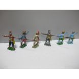 Six Britains Plastic English Civil War Figures, two Pikeman, four Cavalier's with swords, playworn.
