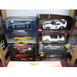 Eight 1:18th Scale Diecast Sports Cars, by Revell, Auto Art, Maisto, Burago, Chrono, including