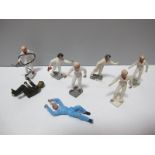 Seven Britains Plastic Garage Staff Figures, plus a Britains plastic Army Despatch Rider (no