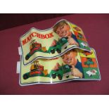 Two 1970 Original Matchbox Dealer Stickers, showing a boy with kingsize low loader, a Yesteryear and