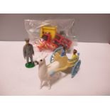 A Lead and Plastic Llama Cart and Figures; together with a Plastic Chimps Tea Party (chimps,table,