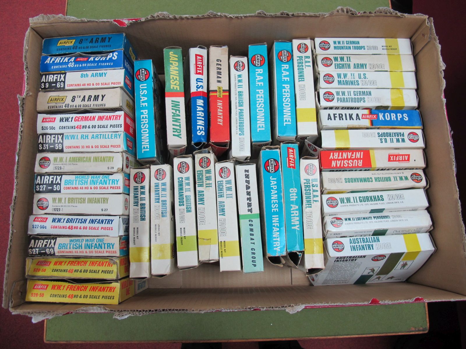 Approximately Forty Boxes of Plastic Original Airfix 'OO' Scale Figures, all with a WWI/WWII