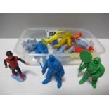 Thirteen Plastic Spacemen Figures by Timpo, Kellogg's, including Captain Scarlett and
