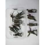 Twelve Mid XX Century Britains Khaki Lead Figures, including steel helmets including spotter and