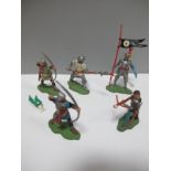 Five Britains Swoppett Plastic Knights on Foot, complete with swords, crests, crossbow, good to