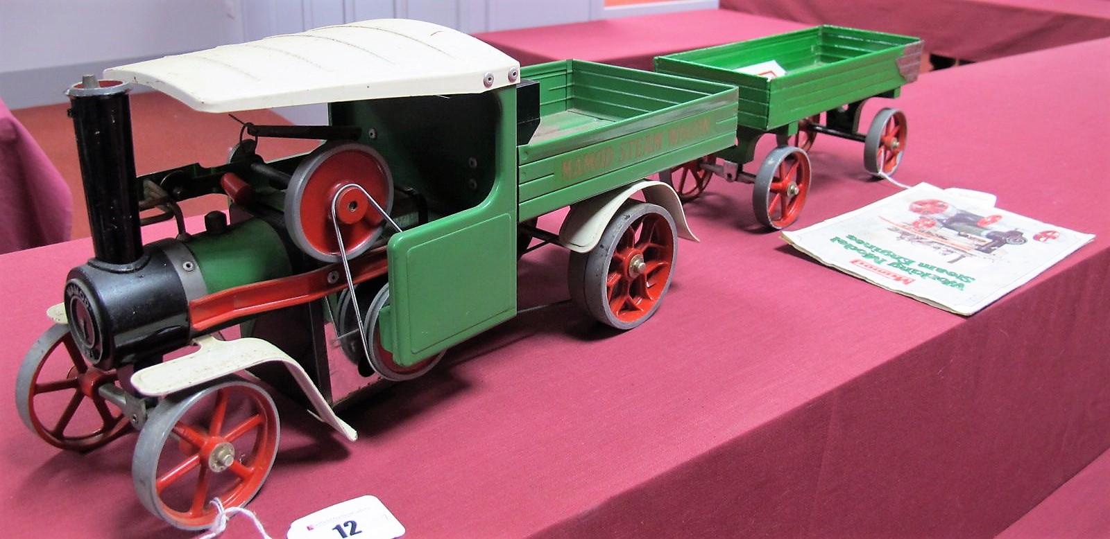 A Mamod Live Steam Model SW1 Steam Wagon and OW1 Open Wagon, burner missing, paint loss to steam